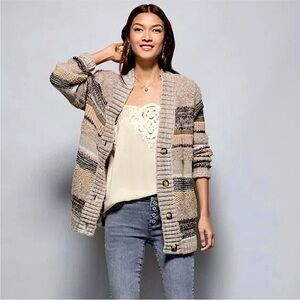 CAbi Chunky Striped Cardigan in Beige, Gray & Cream